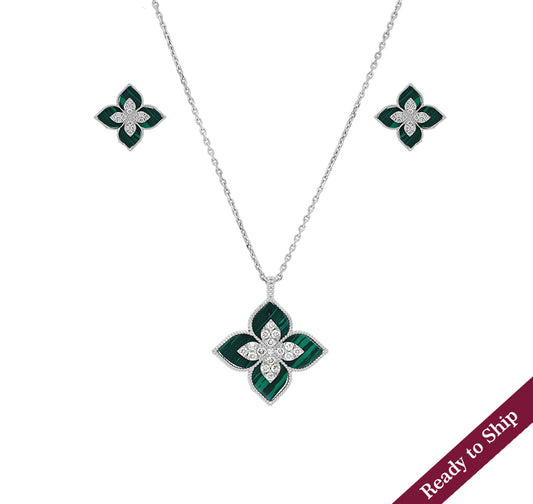 Princess Flower Round Diamond With Malachite White Gold Necklace Set