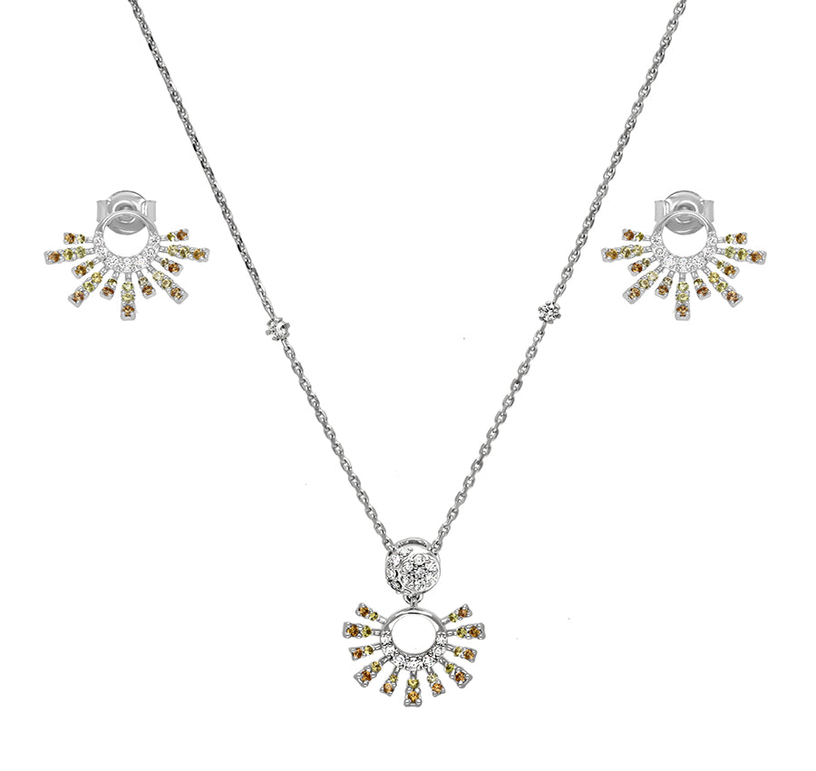 Half Sunburst Shape Yellow And Orange Round Natural Diamond White Gold Diamond Necklace Set