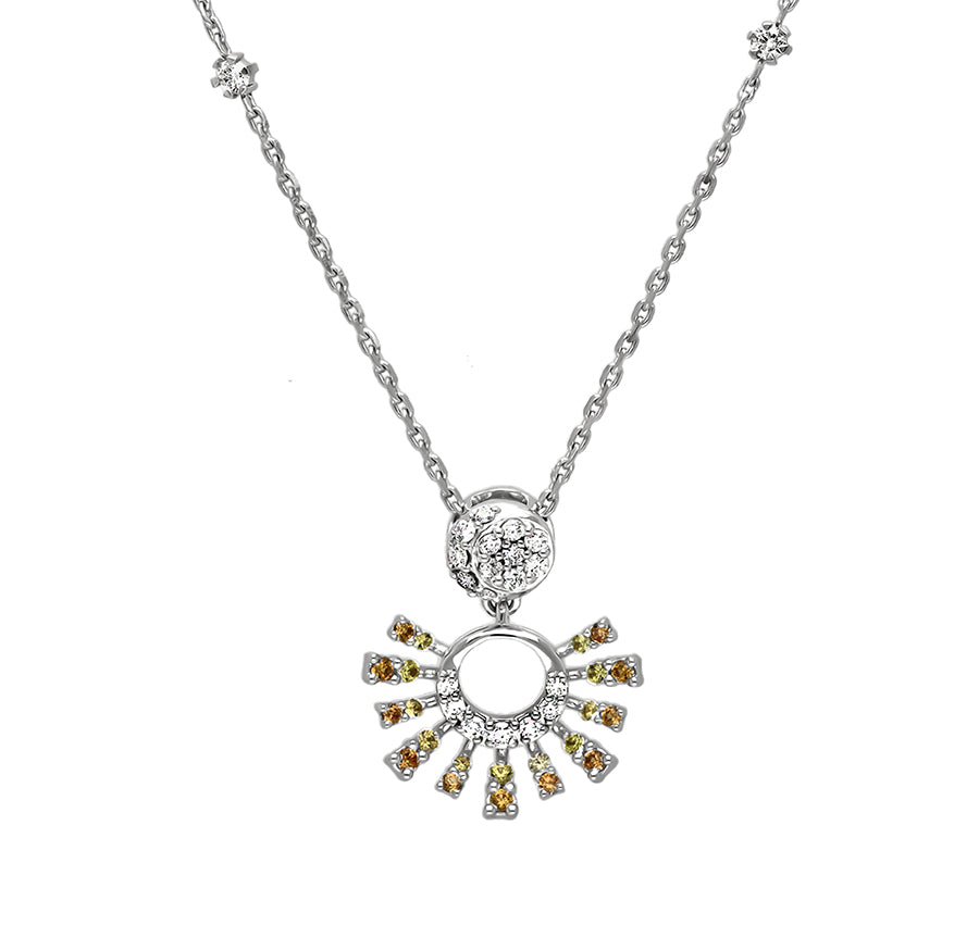 Half Sunburst Shape Yellow And Orange Round Natural Diamond White Gold Diamond Necklace Set