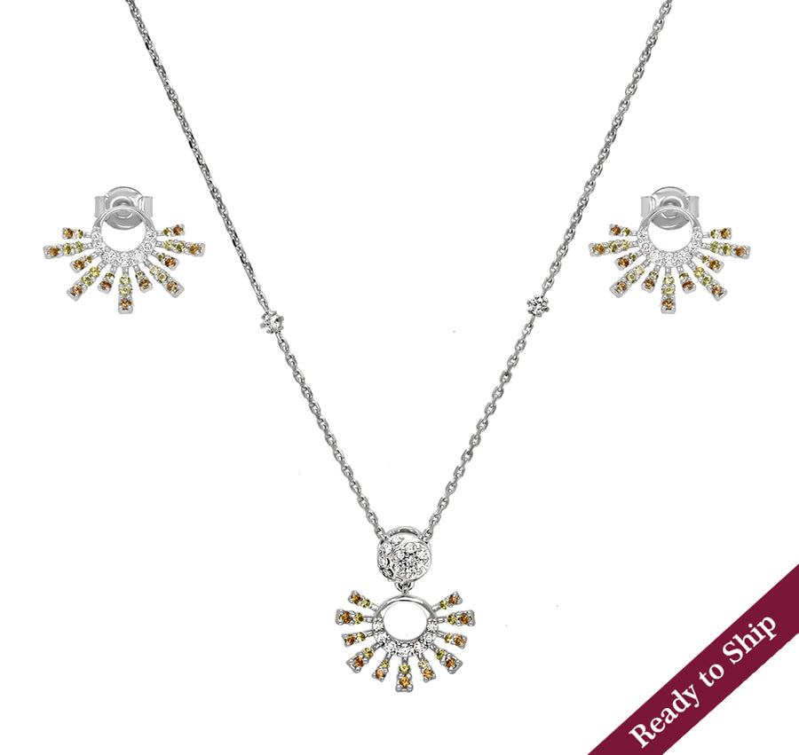 Half Sunburst Shape Yellow And Orange Round Natural Diamond White Gold Diamond Necklace Set