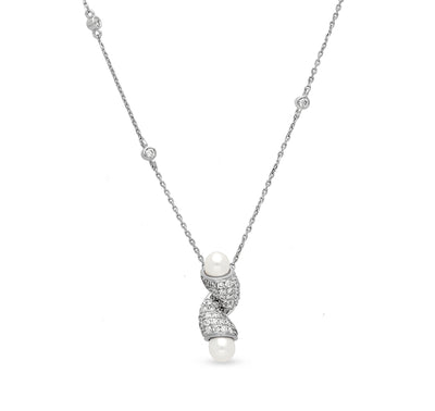 Knot Shape White Pearl Round Natural Diamond With Pave Setting White Gold Necklace Set