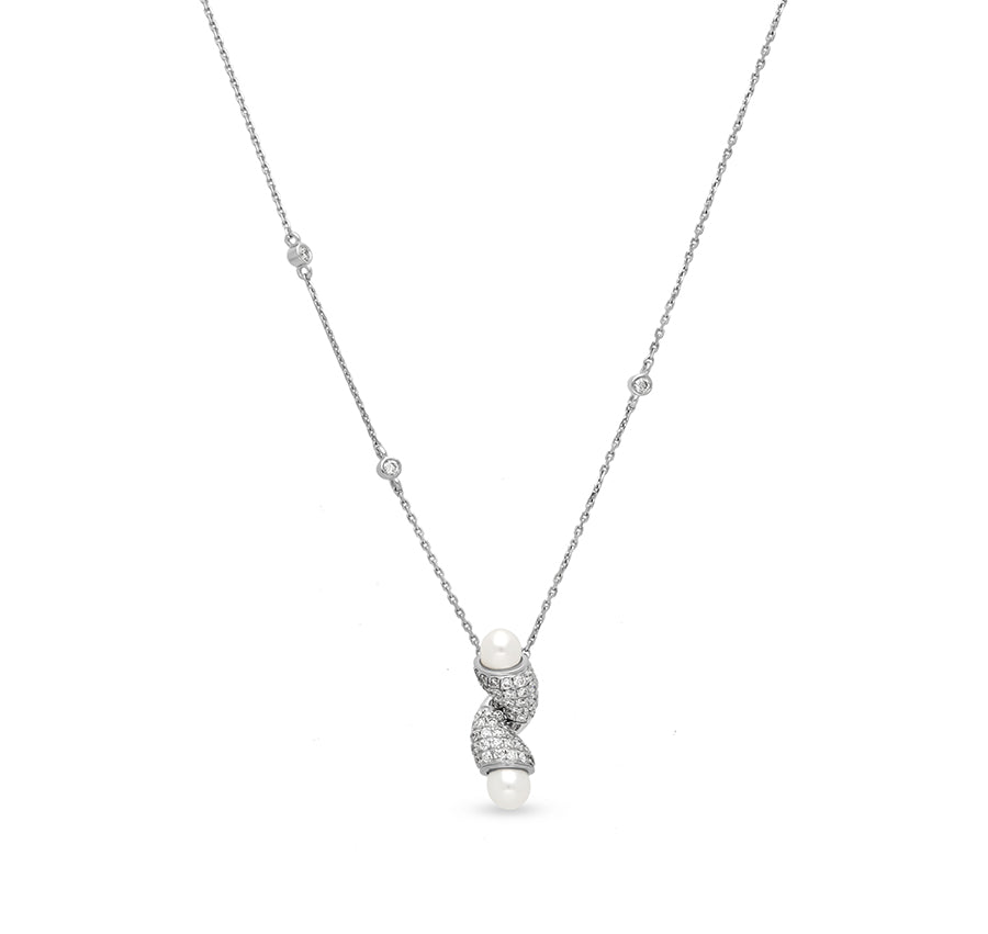 Knot Shape White Pearl Round Natural Diamond With Pave Setting White Gold Necklace Set