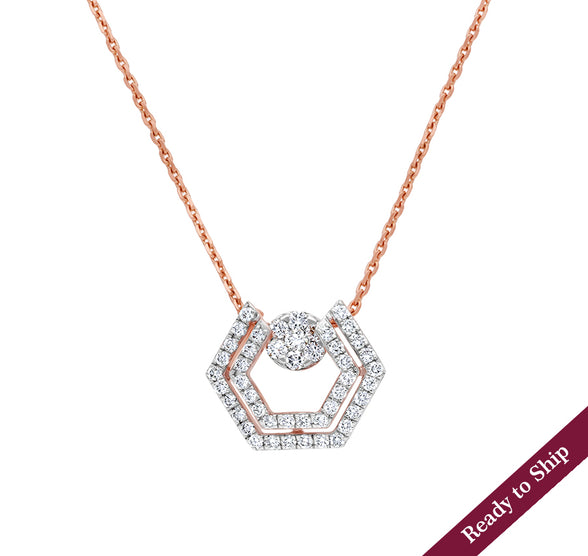 Hexagon Shape Round Cut Natural Diamond With Pressure Set Rose Gold Pendant