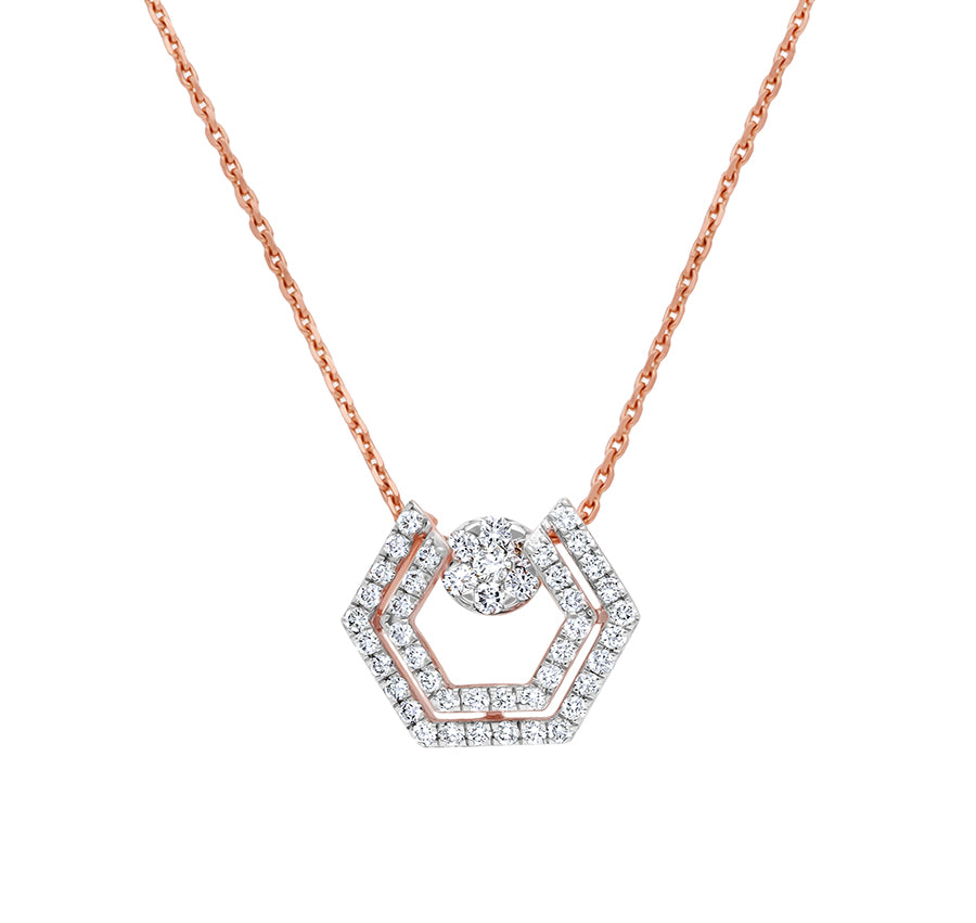 Hexagon Shape Round Cut Natural Diamond With Pressure Set Rose Gold Pendant