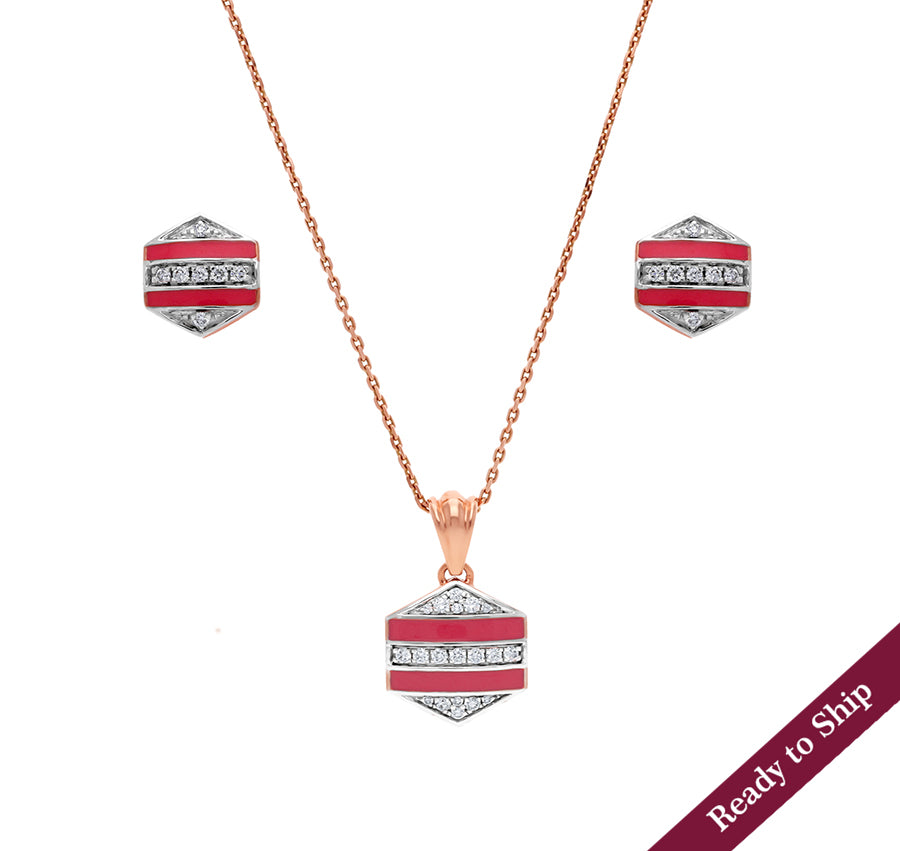 Hexagon Shape With Red Enamel & Round Natural Cut  Diamond Necklace Set