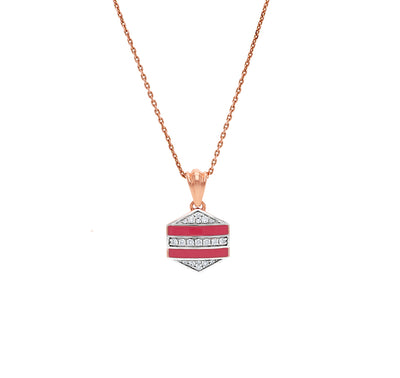 Hexagon Shape With Red Enamel & Round Natural Cut  Diamond Necklace Set