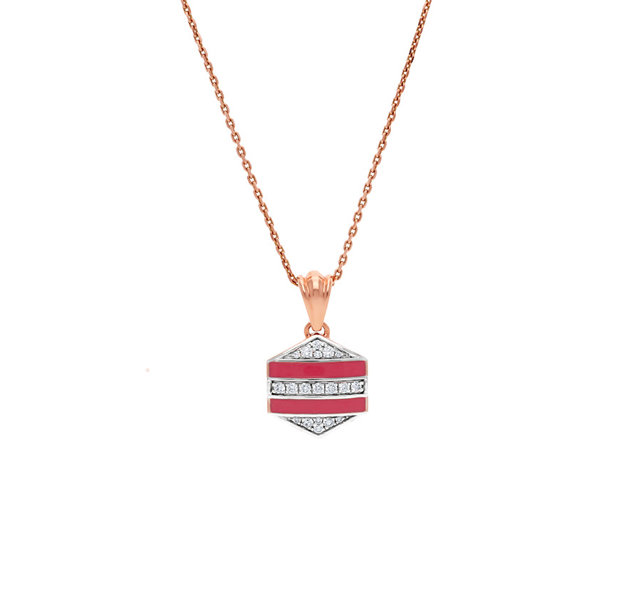 Hexagon Shape With Red Enamel & Round Natural Cut  Diamond Necklace Set