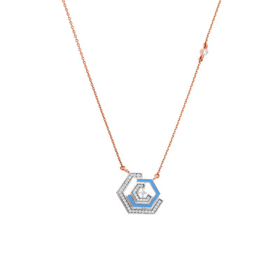 Hexagon Shape Blue Enamel With Round Natural Diamond White Gold Pendant Set