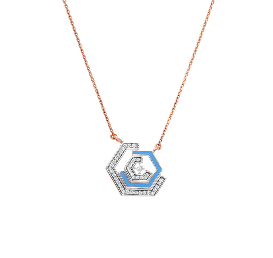 Hexagon Shape Blue Enamel With Round Natural Diamond White Gold Pendant Set