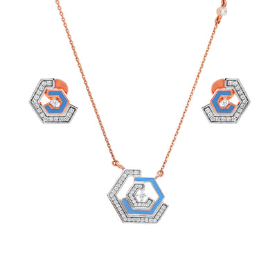 Hexagon Shape Blue Enamel With Round Natural Diamond White Gold Pendant Set