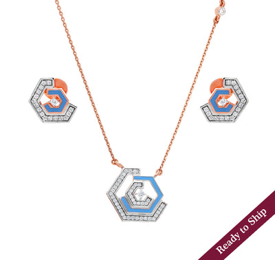 Hexagon Shape Blue Enamel With Round Natural Diamond White Gold Pendant Set