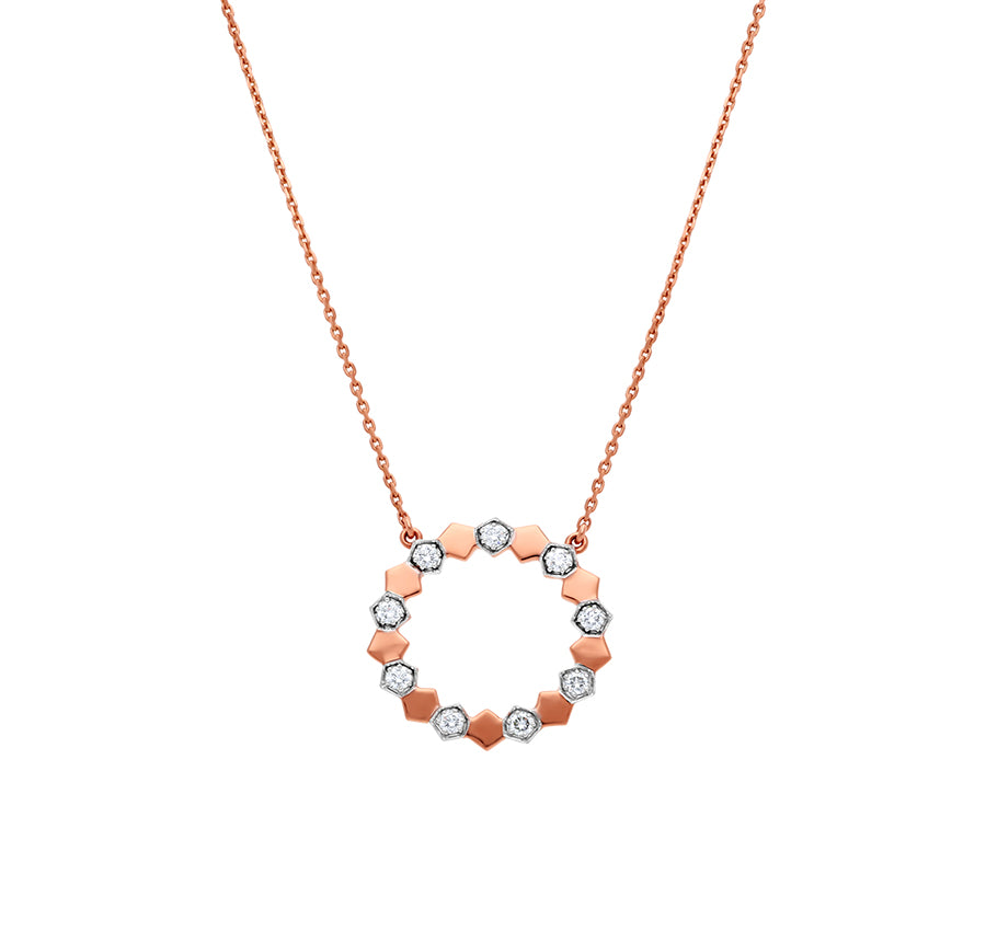 Hexagon Shape  With Round Natural Diamond And Prong Setting Rose Gold Necklace Set