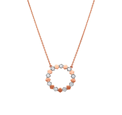 Hexagon Shape  With Round Natural Diamond And Prong Setting Rose Gold Necklace Set