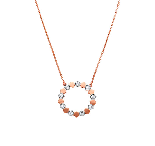 Hexagon Shape  With Round Natural Diamond And Prong Setting Rose Gold Necklace Set
