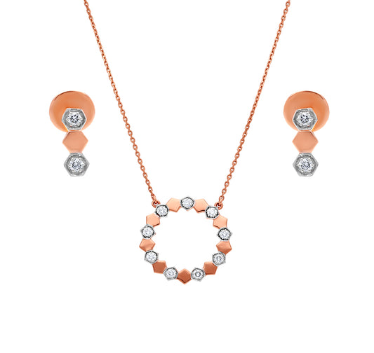 Hexagon Shape  With Round Natural Diamond And Prong Setting Rose Gold Necklace Set
