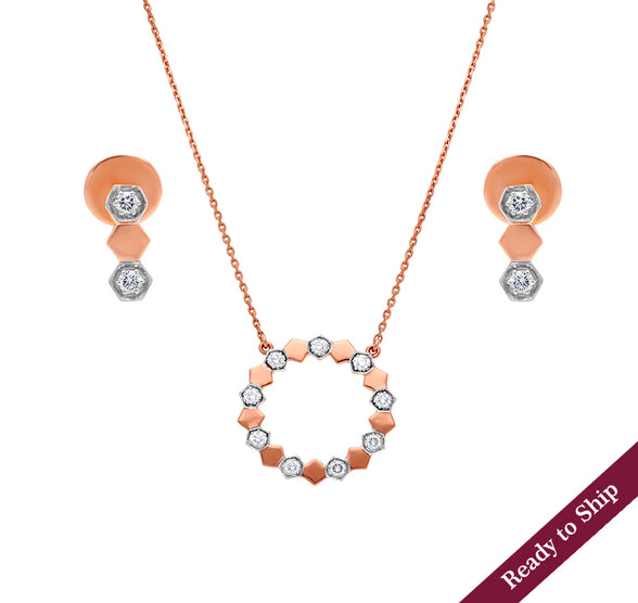 Hexagon Shape  With Round Natural Diamond And Prong Setting Rose Gold Necklace Set