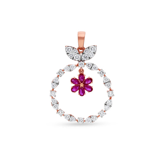 Floral Shape Round Natural Diamond with Pear Ruby Stone Rose Gold Pendant