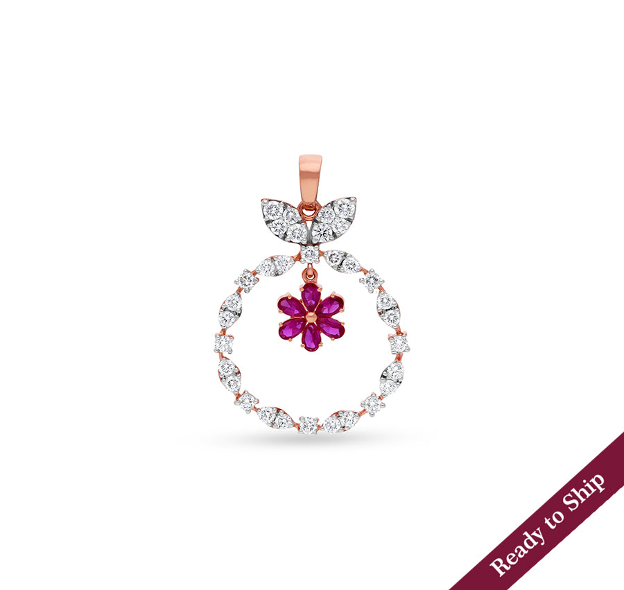 Floral Shape Round Natural Diamond with Pear Ruby Stone Rose Gold Pendant