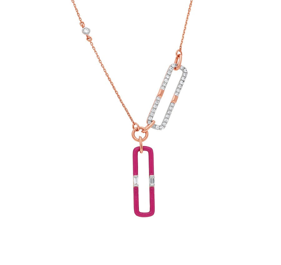 Clip Shape Pink Enamel With Center Baguette and Side Round Natural Diamond Rose Gold Necklace