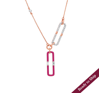 Clip Shape Pink Enamel With Center Baguette and Side Round Natural Diamond Rose Gold Necklace