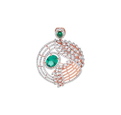 Oval Green Stone With Round Natural Diamond And Prong Set Rose Gold Cocktail Pendant Set