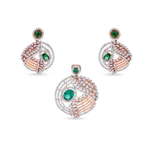 Oval Green Stone With Round Natural Diamond And Prong Set Rose Gold Cocktail Pendant Set