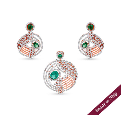 Oval Green Stone With Round Natural Diamond And Prong Set Rose Gold Cocktail Pendant Set