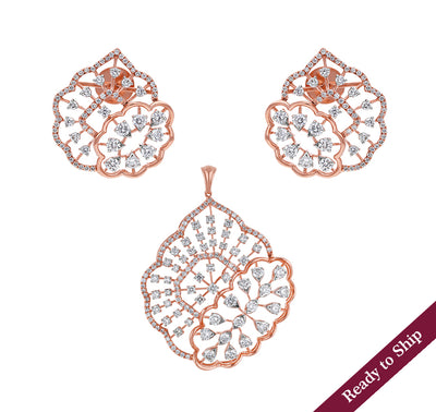 Round Natural Diamond With Prong Setting Rose Gold Pendant Set