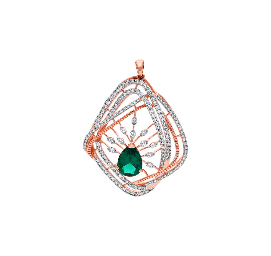 Green Pear Natural Stone With Round Cut Diamond And Plate Prong Set Rose Gold Cocktail Pendant Set