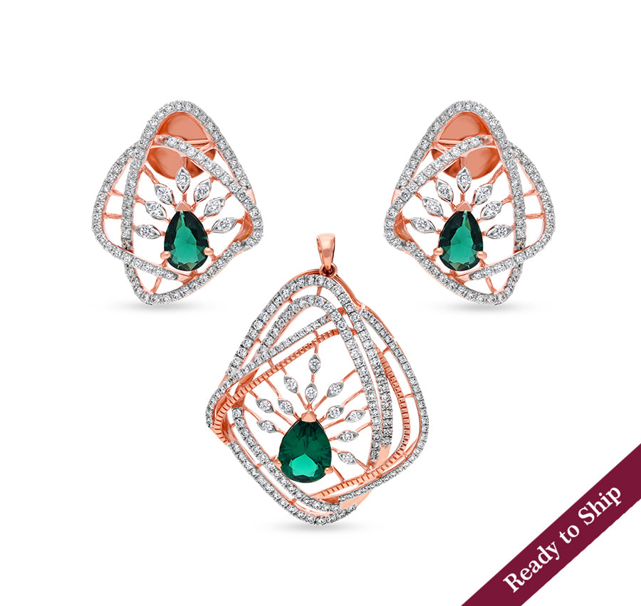 Green Pear Natural Stone With Round Cut Diamond And Plate Prong Set Rose Gold Cocktail Pendant Set