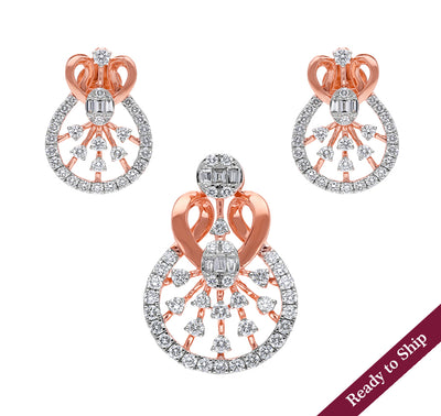 Baguette With Round Natural Diamond Prong Set Rose Gold Pendant Set