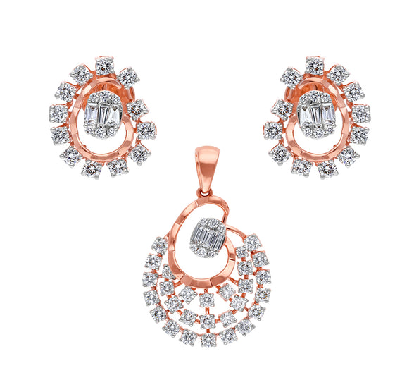 Baguette With Round Natural Diamond Rose Gold Pendant Set