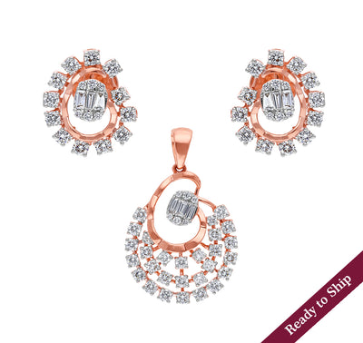 Baguette With Round Natural Diamond Rose Gold Pendant Set