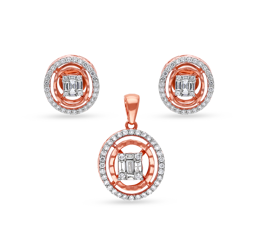 Oval Shape Round Cut With Center Baguette Natural Diamond With Prong Set Rose Gold Pendant Set