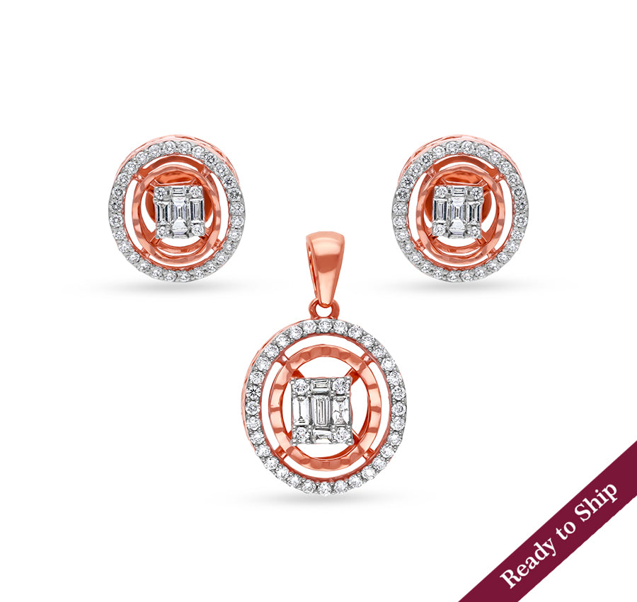 Oval Shape Round Cut With Center Baguette Natural Diamond With Prong Set Rose Gold Pendant Set