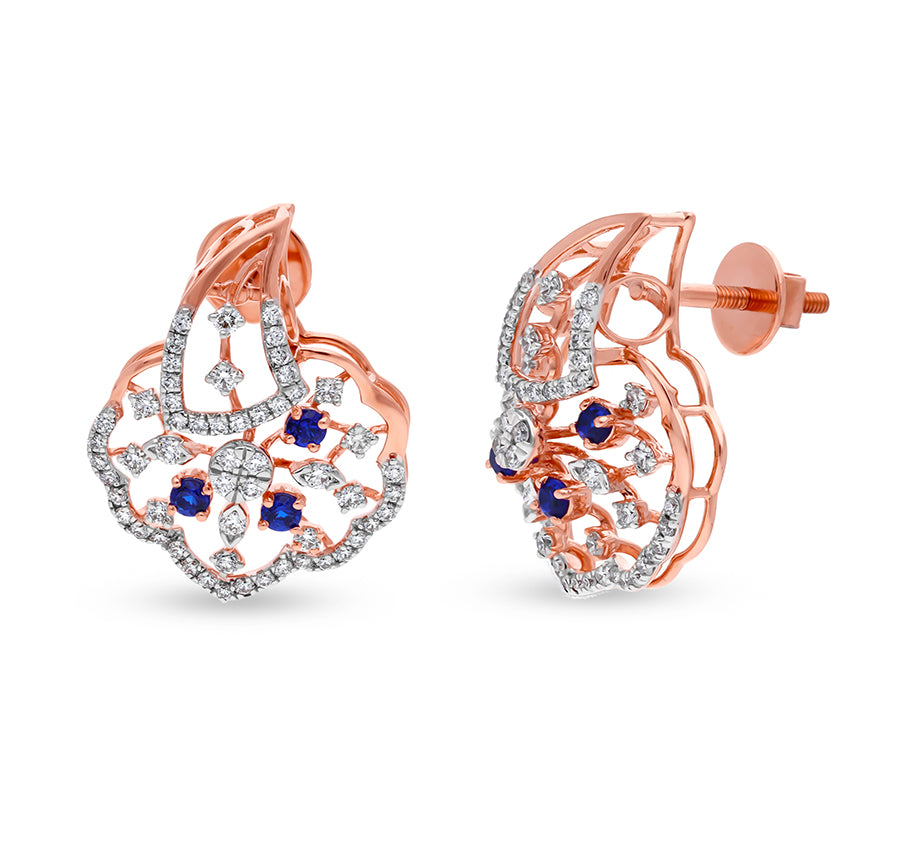 Blue Natural Stone And Round Cut Diamond With Prong Setting Rose Gold Pendant Set