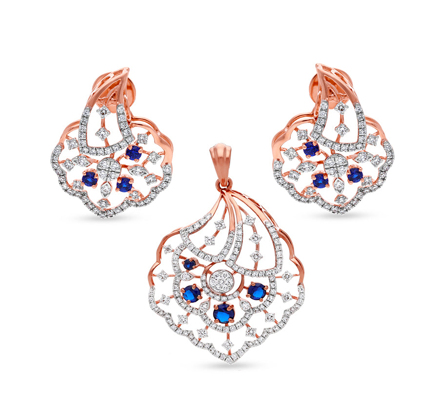 Blue Natural Stone And Round Cut Diamond With Prong Setting Rose Gold Pendant Set