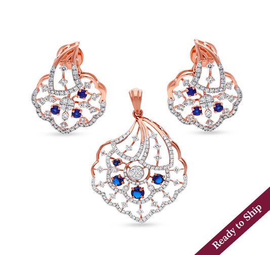 Blue Natural Stone And Round Cut Diamond With Prong Setting Rose Gold Pendant Set