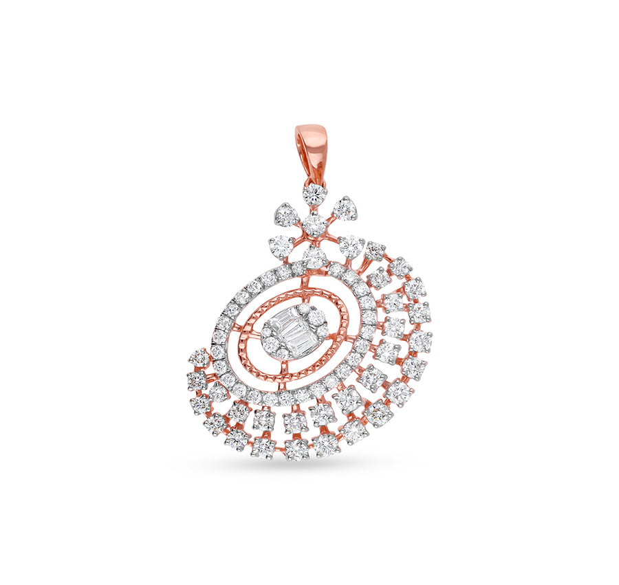 Oval Shape Round Cut With Center Baguette Natural Diamond Rose Gold Pendant Set