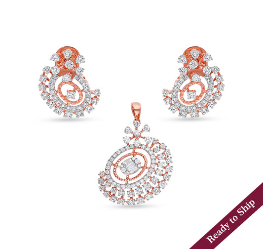 Oval Shape Round Cut With Center Baguette Natural Diamond Rose Gold Pendant Set