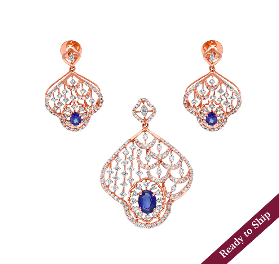 Oval Blue Stone With Round Cut Natural Diamond And Prong Set Rose Gold Pendant Set