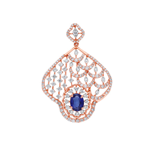 Oval Blue Stone With Round Cut Natural Diamond And Prong Set Rose Gold Pendant Set