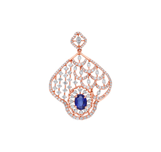 Oval Blue Stone With Round Cut Natural Diamond And Prong Set Rose Gold Pendant Set