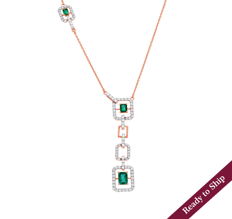 Emerald & Round Natural Diamond Deco Composite Drop Rose Gold Necklace