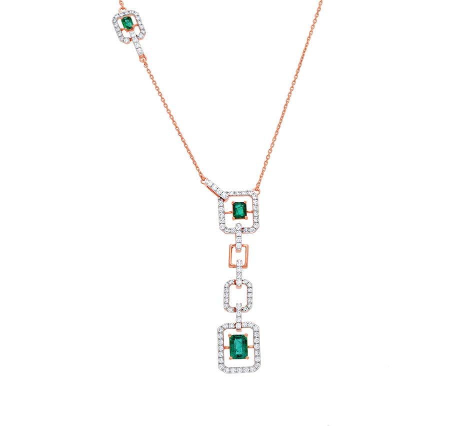 Emerald & Round Natural Diamond Deco Composite Drop Rose Gold Necklace