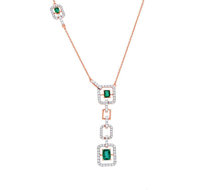 Emerald & Round Natural Diamond Deco Composite Drop Rose Gold Necklace