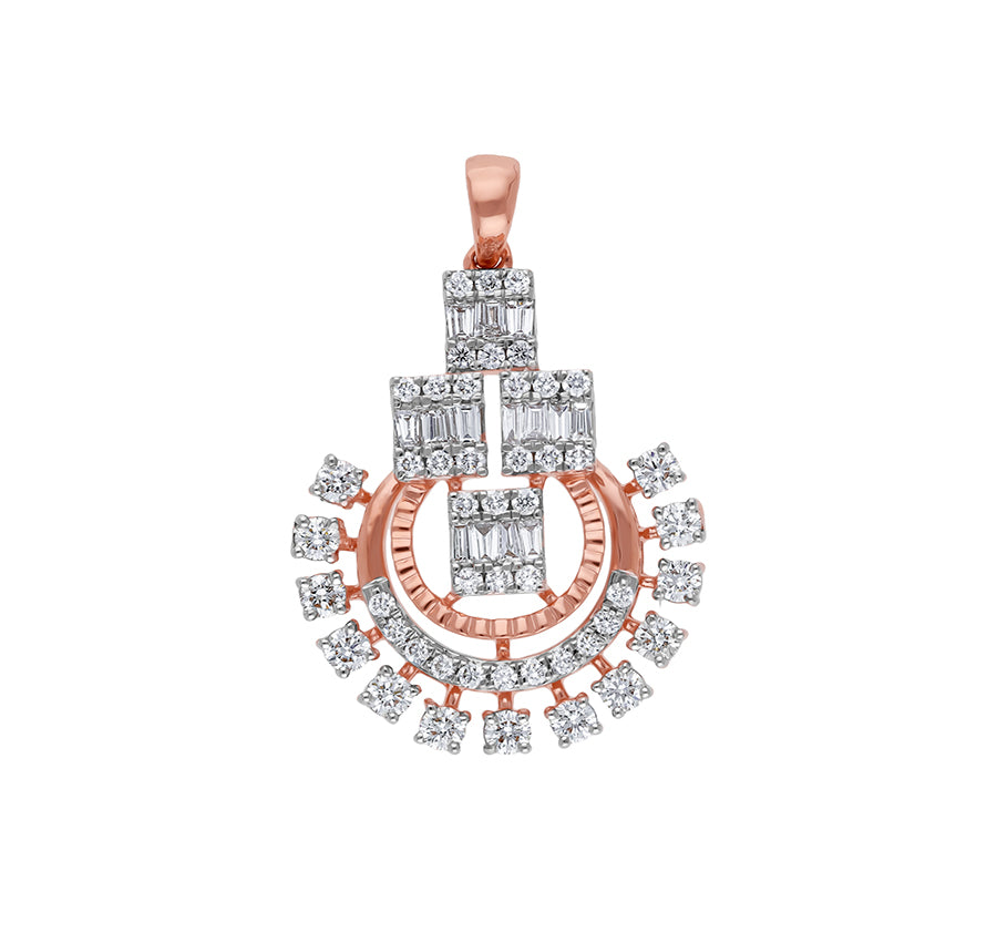 Natural Round And Baguette Diamond Rose Gold Pendant Set