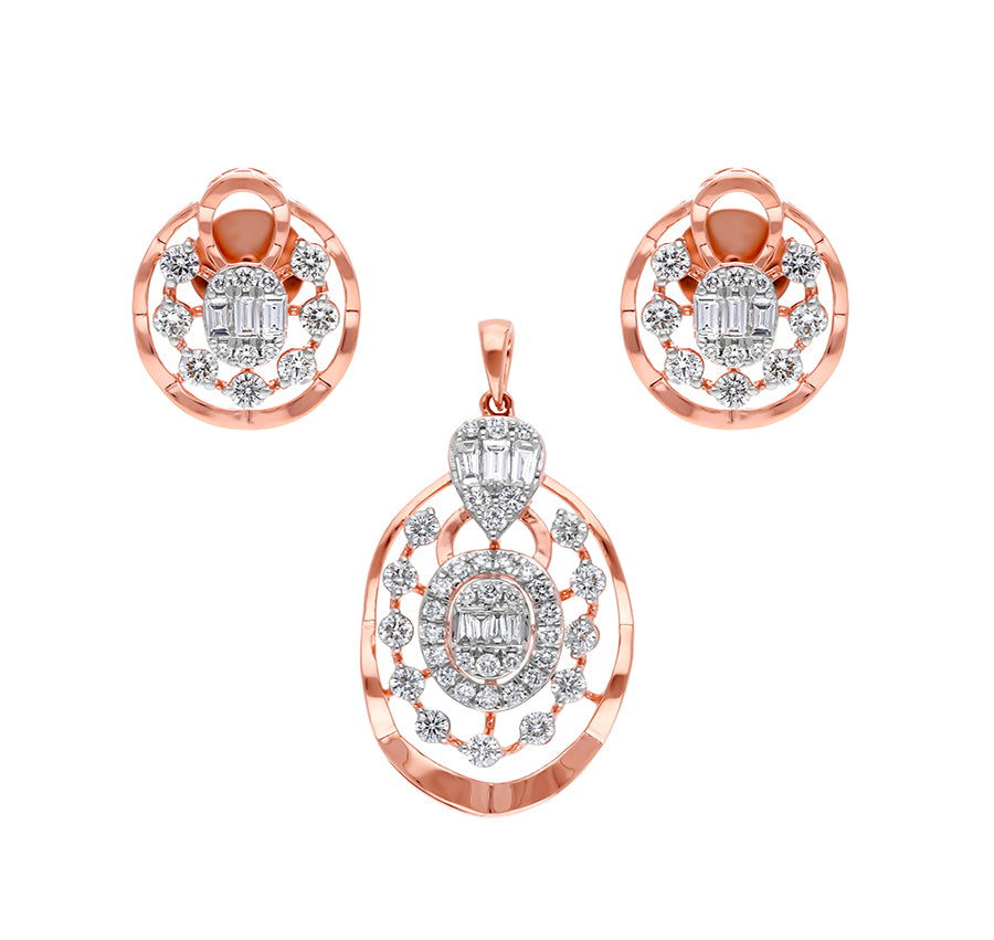 Natural Round And Baguette Diamond With Prong Set Rose Gold Pendant Set