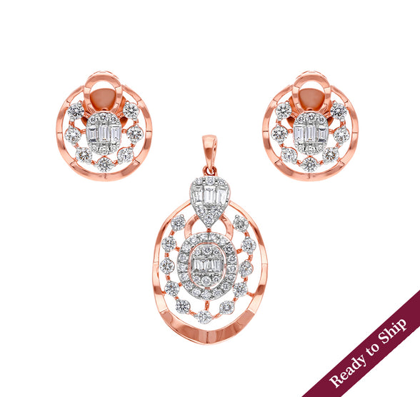 Natural Round And Baguette Diamond With Prong Set Rose Gold Pendant Set