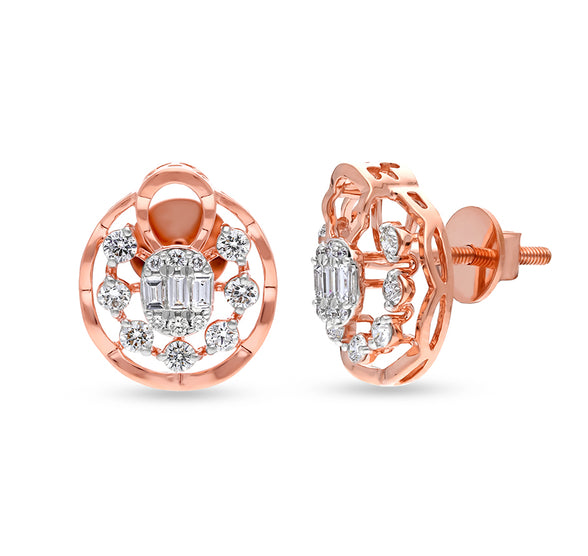 Natural Round And Baguette Diamond With Prong Set Rose Gold Pendant Set